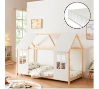 Lit cabane Tostedt pour enfant 90 x 200 cm avec matelas sommier à lattes bois de pin naturel blanc [en.casa]