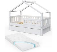 Lit cabane Vitalispa Design Blanc 80x160 cm avec 2 tiroirs et matelas, Model 33460
