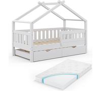 Lit cabane Vitalispa Design Blanc 80x160 cm avec lit d'appoint et matelas, Model 36237