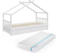 Lit cabane Vitalispa Design Blanc 90x200 cm avec 2 tiroirs et matelas, Model 36968