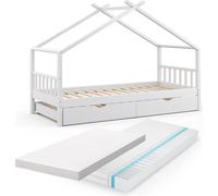 Lit cabane Vitalispa Design Blanc 90x200 cm avec lit d'appoint et 2 matelas, Model 36826