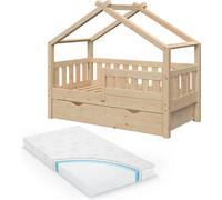 Lit cabane Vitalispa Design Naturel bois 70x140 cm avec tiroir et matelas, Model 33459