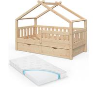 Lit cabane Vitalispa Design Naturel bois 80x160 cm avec 2 tiroirs et matelas, Model 33458