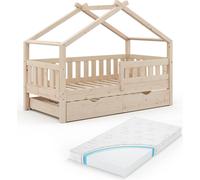 Lit cabane Vitalispa Design Naturel bois 80x160 cm avec lit d'appoint et matelas, Model 36238