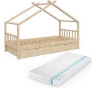 Lit cabane Vitalispa Design Naturel bois 90x200 cm avec 2 tiroirs et matelas, Model 37578