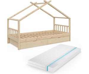 Lit cabane Vitalispa Design Naturel bois 90x200 cm avec 2 tiroirs et matelas, Model 37578