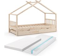 Lit cabane Vitalispa Design Naturel bois 90x200 cm avec lit d'appoint et 2 matelas, Model 36827