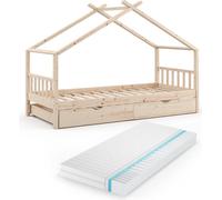 Lit cabane Vitalispa Design Naturel bois 90x200 cm avec lit d'appoint et matelas, Model 36236
