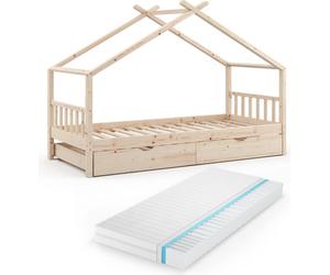 Lit cabane Vitalispa Design Naturel bois 90x200 cm avec lit d'appoint et matelas, Model 36236