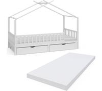 Lit cabane Vitalispa Franka Blanc 90x200 cm avec 2 tiroirs et matelas, Model 40401
