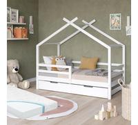 Lit cabane Vitalispa Luni Blanc 160 x 80 cm avec lit d'invité extensible et matelas, Model 59342