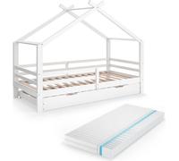 Lit cabane Vitalispa Luni Blanc 200 x 90 cm avec lit d'appoint et matelas, Model 59344