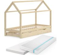 Lit cabane Vitalispa Wiki Naturel bois 90x200 cm avec lit d'appoint et 2 matelas, Model 37586
