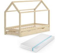 Lit cabane Vitalispa Wiki Naturel bois 90x200 cm avec lit d'appoint et matelas, Model 37585