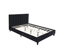 Lit CAMBRIDGE 140x190 cm Velours Noir Tête de Lit Effet Capitonné | Design lignes épurées, 24 lattes peuplier, structure plywood, 180 kg max, entretien au chiffon doux sans solvant
