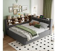 Lit canapé 140x200 avec rangement hydraulique, veilleuse, USB, Type-C, niches, velours gris