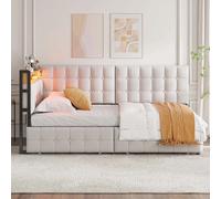 Lit canapé 90x200, 2 tiroirs, lampe LED, USB, Type-C, bateau, beige