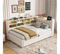 Lit canapé 90x200 avec rangement hydraulique, veilleuse, USB, Type-C, niches, tête rembourrée, beige