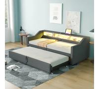 Lit canapé extensible 90/180x200, rangement, LED, USB, sommier, gris foncé