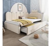 Lit-canapé pour enfant Flieks 90 x 200 cm avec lit gigogne 90 x 190 cm, lit rembourré pour enfant avec tête de lit en forme de couronne, lit de jour en velours, beige