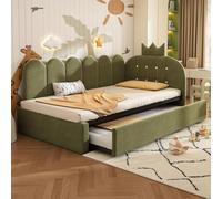 Lit-canapé pour enfant Flieks 90 x 200 cm avec lit gigogne 90 x 190 cm, lit rembourré pour enfant avec tête de lit en forme de couronne, lit de jour en velours, vert