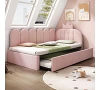Lit-canapé pour enfant Flieks 90 x 200 cm avec lit gigogne 90 x 190 cm, lit rembourré pour enfant avec tête de lit en forme de couronne, lit de jour en velours, rose