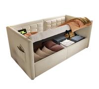 Lit canapé rembourré velours beige avec coffre hydraulique et ports USB/Type-C, 90×200 cm
