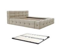 Lit capitonné 140 x 190 cm - Tissu chiné - Beige + Sommier - LERUCO