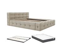 Lit capitonné 140 x 190 cm - Tissu chiné - Beige + Sommier + Matelas - LERUCO