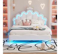 Lit Capitonné 140 X 200 Cm,en Forme De Couronne,cuir Pu,lit LED Avec Sommier à Lattes,blanc