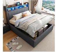 Lit capitonné 140 x 200 cm EVRYAE avec LED, USB, coffre de rangement, sommier à lattes, gris
