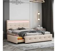 Lit capitonné 140x200cm avec LED, lattes et coffre à roulettes, simple avec tête et 4 tiroirs, lin doux pour la peau, enfant/jeunesse/invité, beige (sans matelas)
