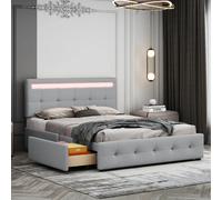 Lit capitonné 140x200cm avec LED, lattes et coffre à roulettes, simple avec tête et 4 tiroirs, lin doux pour la peau, enfant/jeunesse/invité, gris (sans matelas)