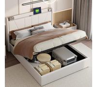Lit capitonné, 160 x 200 cm, lit double avec espace de rangement et sommier à lattes, tête de lit avec 2 fonctions de charge USB 1 type C, lit de rangement hydraulique, dossier fonctionnel, lin, sans