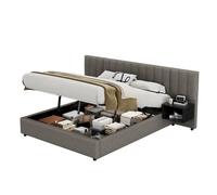 Lit capitonné 160x200 cm avec coffre hydraulique + 2 tables de chevet, tissu lin, gris + noir, sommier à lattes bois