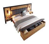 Lit capitonné 160x200, ensemble chevet USB-C et banc coffre, cadre bois/métal, lin, chêne, sommier lattes, sans matelas