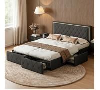 Lit capitonné 160x200cm avec éclairage LED, Lit double avec 4 tiroirs et tête de lit réglable, Sommier à lattes, PU, Gris