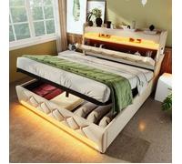 Lit capitonné 180 x 200 cm Lit coffre double avec tête de lit avec ports USB et Type-C, LED, lit avec rangement hydraulique - Beige