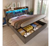 Lit capitonné 180x200 cm avec rangement hydraulique et tête LED, 4 stations de charge (USB/Type-C), double avec lattes, lin gris