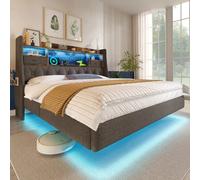 Lit capitonné 180x200 cm lit flottant avec LED, tête avec station de charge (1 Type-C, 3 USB), double moderne avec tête rangement et lattes, lin, gris