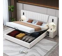 Lit capitonné 180x200cm, dossier extra-long, lampe de lecture réglable, port USB, lit hydraulique avec rangement, double, velours, beige