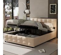 Lit capitonné 180x200cm, lattes, lit simple hydraulique, velours hollandais, beige