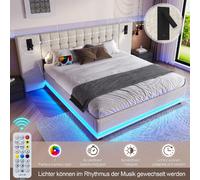 Lit capitonné 180x200cm lin beige, sans matelas, LED, tête spot, USB