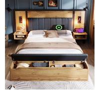 Lit capitonné 180x200cm, lit double avec liseuse et port USB-C, lit 2 places table de chevet et banc de rangement, métal bois, chêne