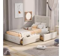 Lit Capitonne 90 X 200 Cm - Avec 2 Tiroirs, Sommier à Lattes, Tissu Velours - Beige