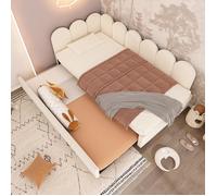 Lit capitonné 90x200 avec lit gigogne 90x190, velours beige, sommier à lattes, sans matelas