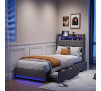 Lit Capitonné 90x200 Sommier LED et 2 USB, Type-C, Lit 2 Personnes avec 2 Tiroirs, Adolescents, Lin, Gris