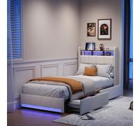 Lit Capitonné 90x200 Sommier LED et 2 USB, Type-C, Lit 2 Personnes avec 2 Tiroirs, Rangement, Lin, Beige