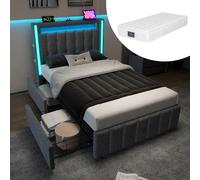 Lit capitonné 90x200cm, LED multicolore, tête USB-C, 2 tiroirs, matelas 406 ressorts, gris