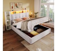 Lit capitonné 90x200cm lin beige, sans matelas, LED, USB-C, rangement, appli